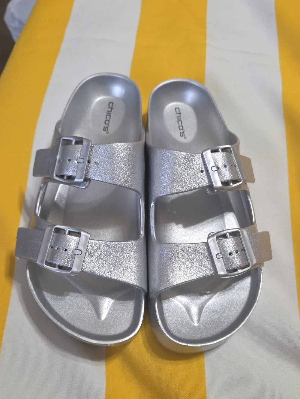 Chico's Silver Double-Buckle Slide Sandals